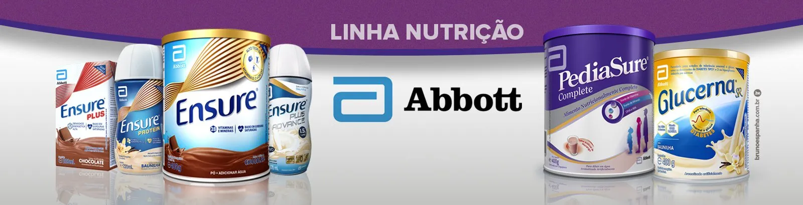 Banner da linha de nutrição Abbott com latas de Ensure, PediaSure e Glucerna
