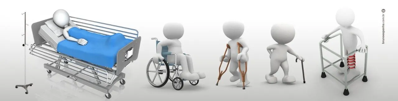 Ilustração 3D com cama hospitalar, cadeira de rodas, muletas e andador lado a lado