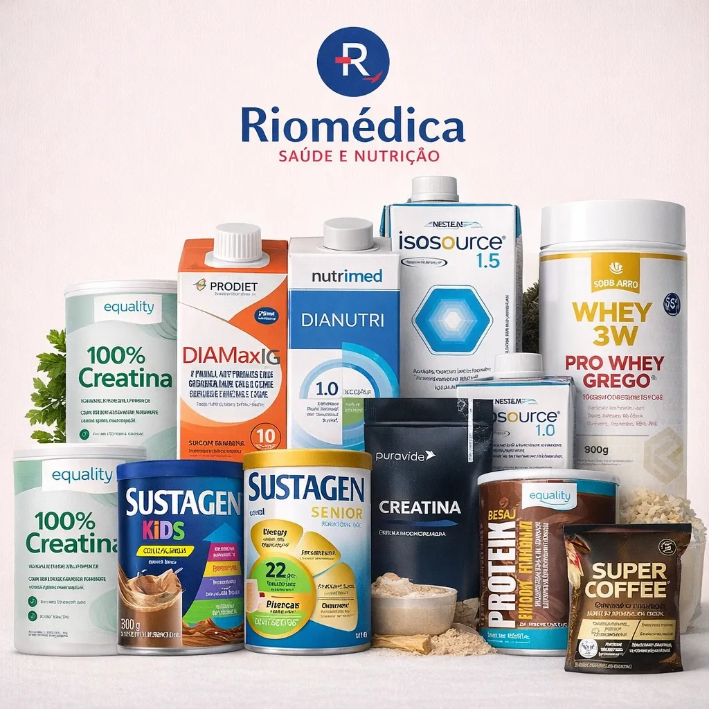 Composição de produtos de nutrição vendidos pela Riomédica — latas e potes de suplementos — sob o logo Riomédica Saúde e Nutrição