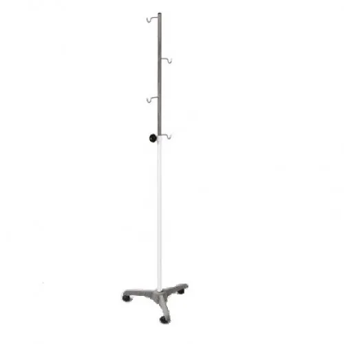 Suporte de soro com haste regulável, ganchos no topo e base com rodízios, em fundo branco